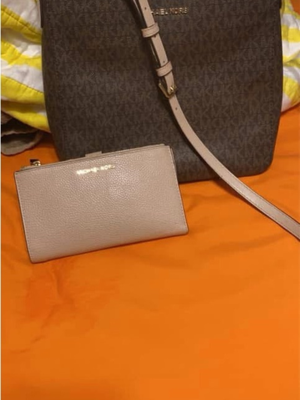 Michael Kors Brown Logo Crossbody with Beige Pebbled Wallet